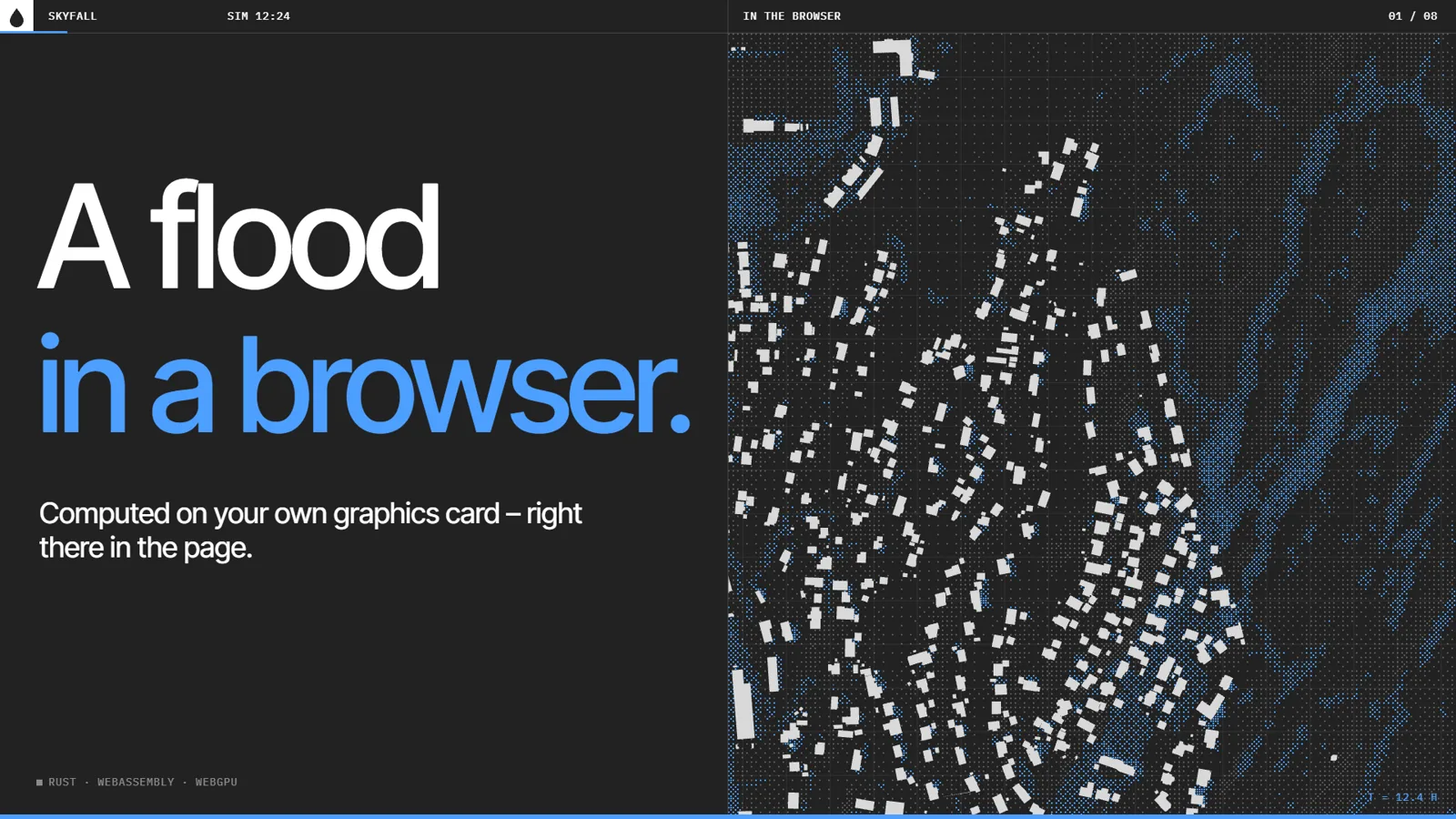 The flood in a browser: a dithered town with water spreading between the houses